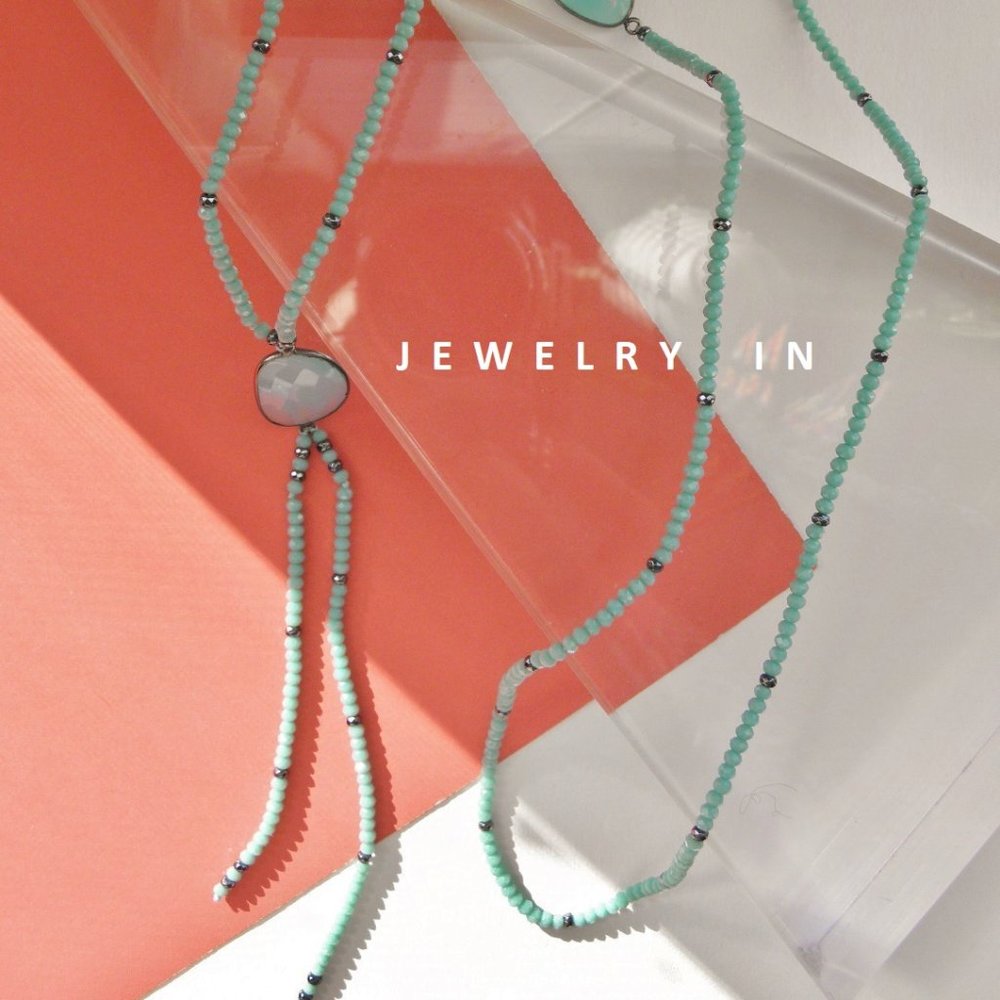 Light blue color crystal & Hematite with sterling silver inlaid agate necklace